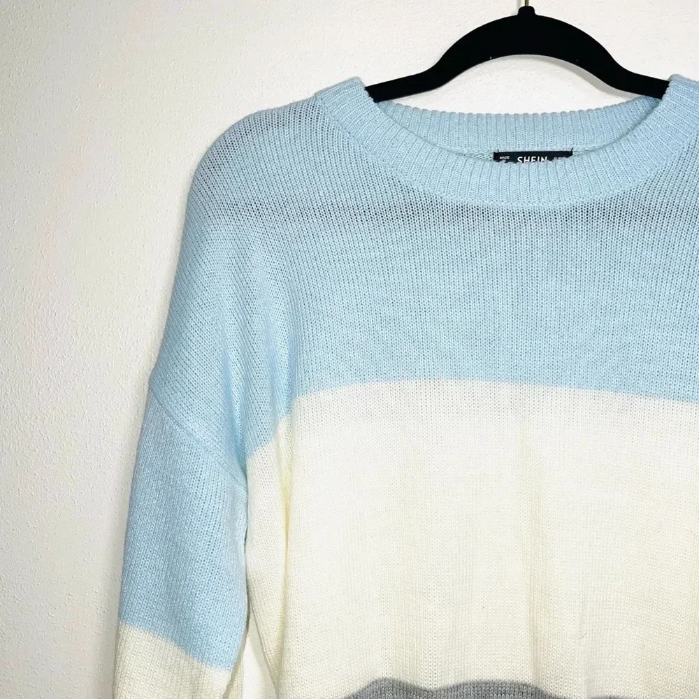 SHEIN Colorblock Sweater Baby Blue White Gray Drop Shoulder Medium Women’s